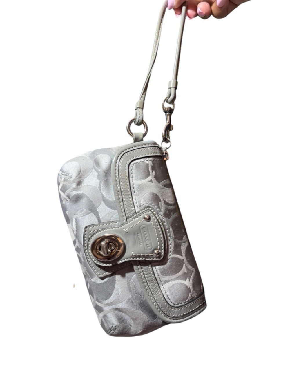 Coach Legacy Signature Optic Turnlock Flap Wristlet, Gray/Silver/Lavender - Picture 5 of 11
